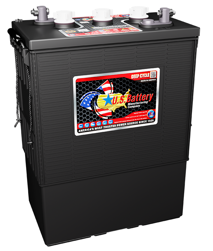 US L16EN XC2 deep cycle battery with molded-in terminals and rope handles.