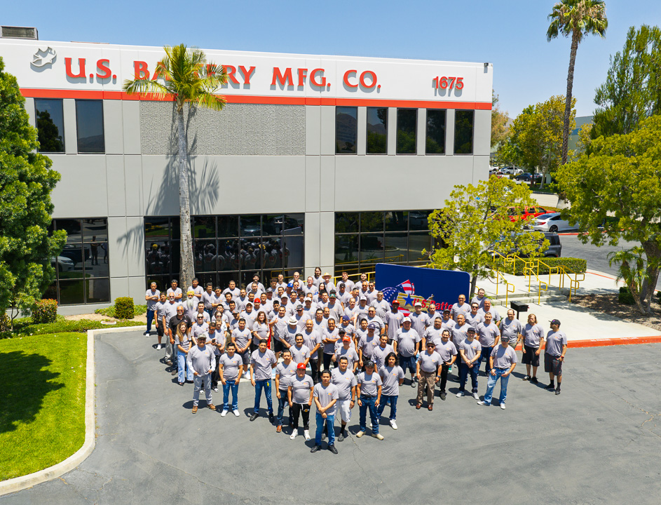 Aerial image of U.S. Battery employees celebrating 100th anniversary in Corona, CA